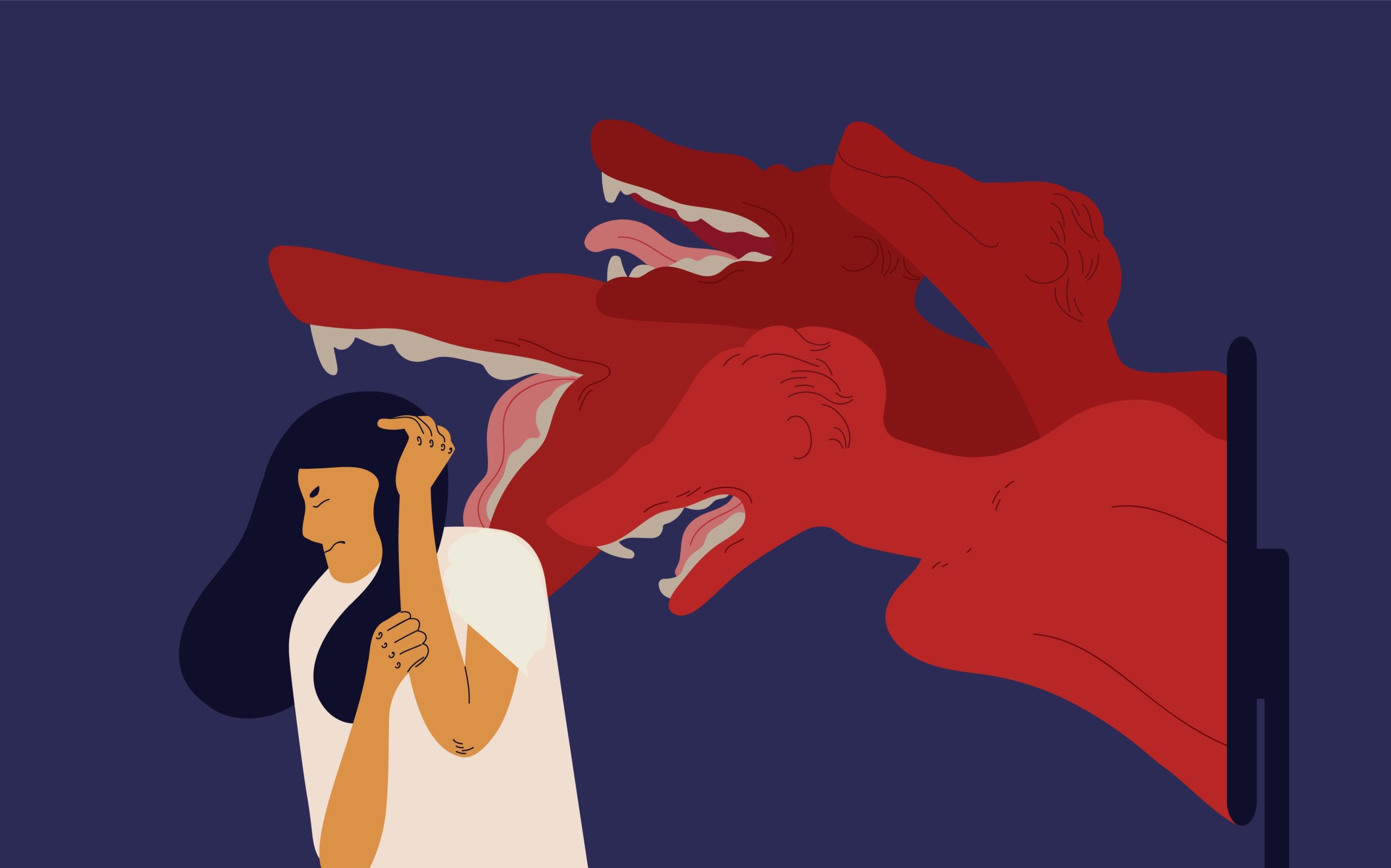 Woman covering head with hands with fear and terrible monsters coming out of computer screen. Concept of cyberbullying or cyberharassment, harmful behavior on internet. Colorful vector illustration.